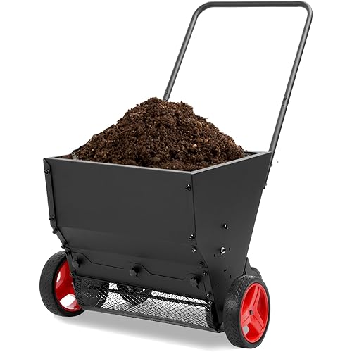 Compost Spreader W/Handle, 4 Wheels, Adjustable Rate Suitable for Lawn, Farm, Landscraping, Lawn Drop Spreader, Topdresser Push Garden Seeder Garden Tool Cart for Fertilizer, Gress, Seed