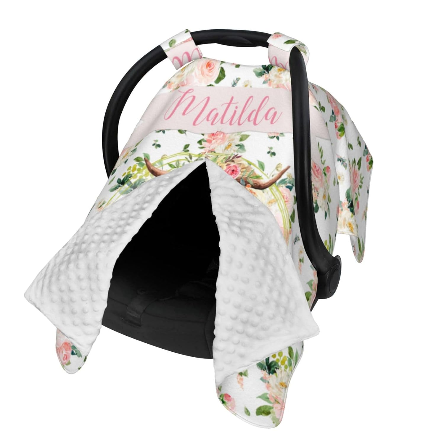 Personalized Baby Car Seat Canopy for Babies with Name, Custom Floral Cow Stroller Car Seat Covers for Girls, Minky Nursing Carseat Cover for Breastfeeding, Car Seat Canopies for Newborn