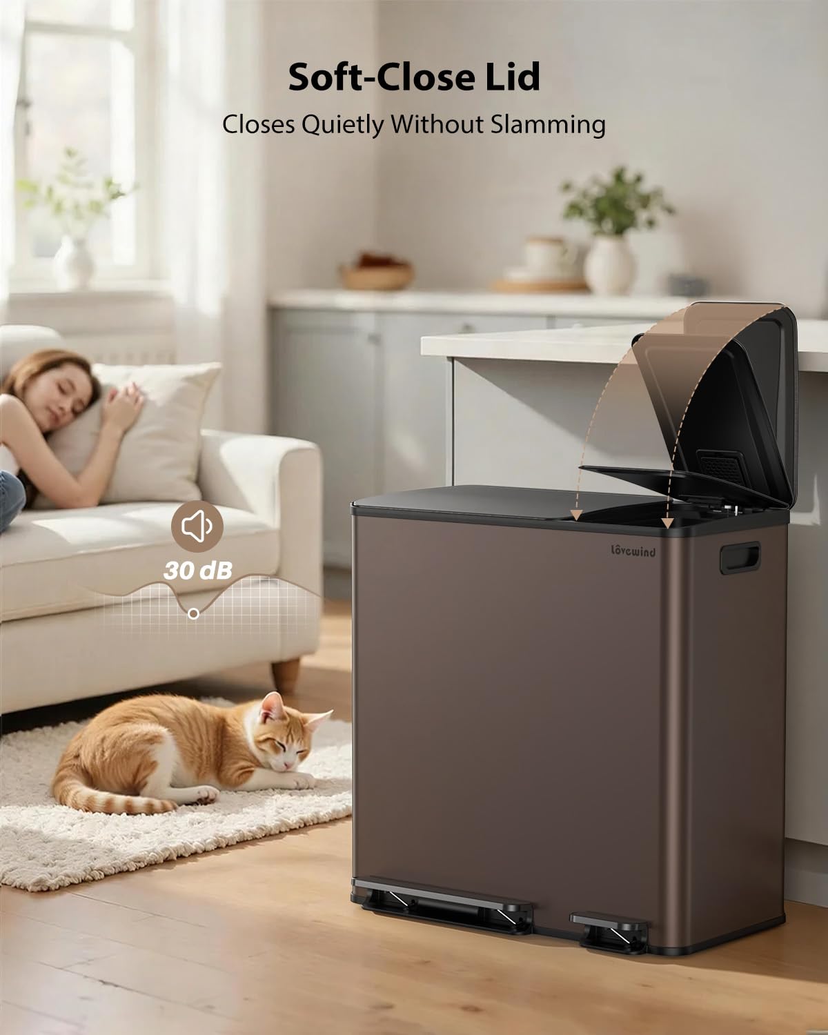 Dual Trash and Recycling Bins for Kitchen, 13.2 + 5.2 Gal (50+20L) Stainless Steel Trash and Recycle Bin Combo with Soft-Close Lid, Large Garbage Cans for Kitchen Home with 2 Magnets Sticker, Brown