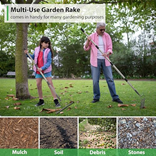 Rake, 5 FT Garden Bow Rakes for Lawns Heavy Duty, Yard Metal Rake with Adjustable Long Handle, 14 Tines Rake Head, Gardening Tool for Loosen Soil, Gather Leaves, Level Mulch, Remove Debris - Thumbnail 6