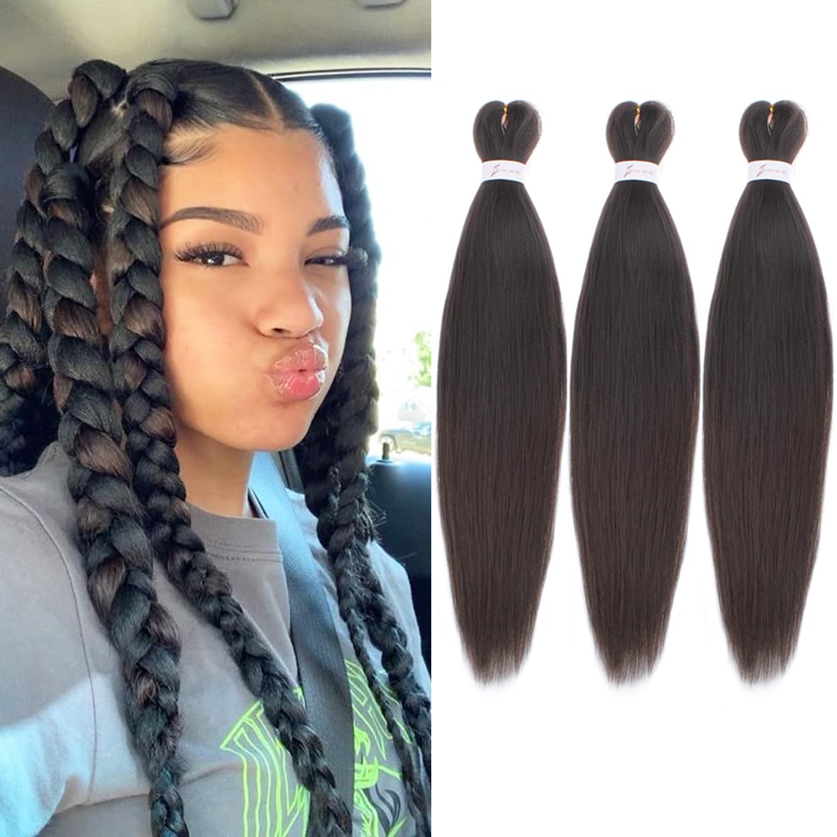 Leeven 16 Inch Dark Brown Pre Stretched Braiding Hair 3 Packs Hot Watter Setting Kanekalon Braids Hair for Woman /4#