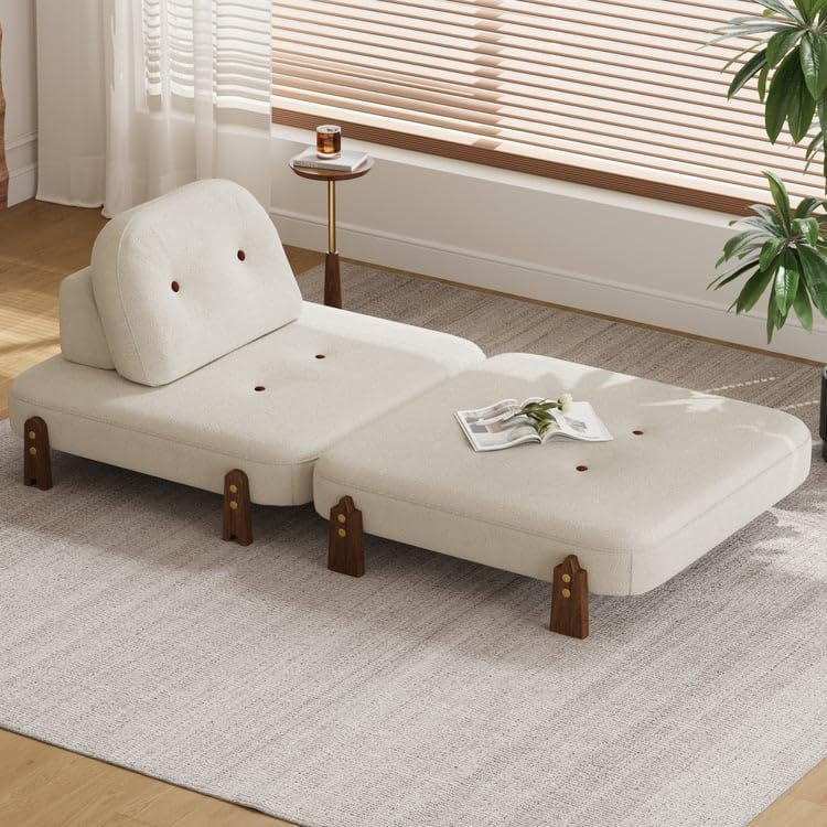 Velvet Futon Sofa Convertible Sofa Cum Bed | Modern Single Seater Lounge Chair Premium Bouclé Fabric Upholstered Sleeper Sofa | Solid Wood Legs | Space Saving Sofa Bed (Cream-image-6