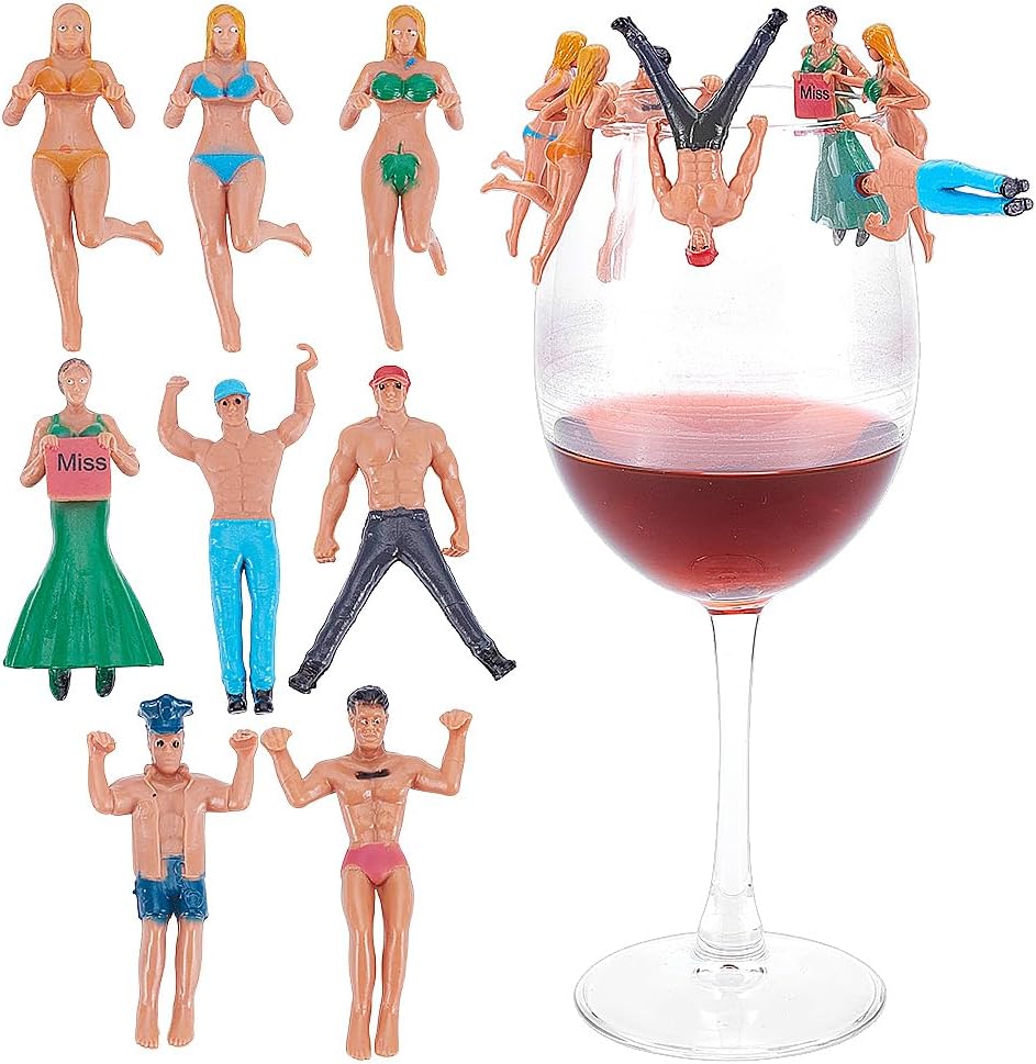 WADORN 8Pcs Drink Charmers Drink Markers, Funny Human Figurines Wine Glass Hanging Ornament for Parties Cup Edge Ornaments Reusable Wine Glass Charms for Cup Drink Pool Party Accessories Novelty Gifts