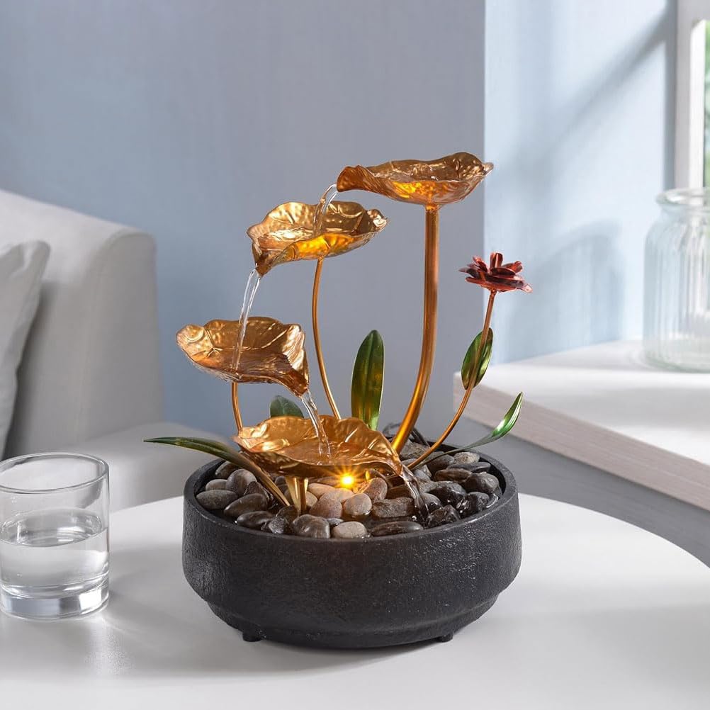 UNITEDESSENTIALINDOOR Tabletop Fountain Metal Lotus Circulating Fountain Water Feature for Zen Home Decor Warm Yellow Scene Light(23034) 8