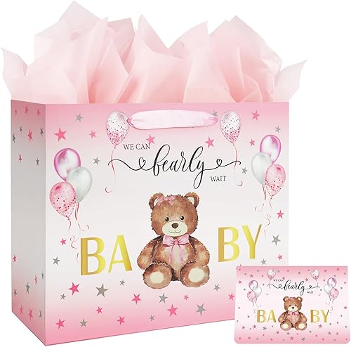 Miniatura 1 de Bolsa grande de regalo de cumpleaños para baby shower de 13 pulgadas para niña con papel de seda y tarjeta, globos rosados, diseño de oso con asas