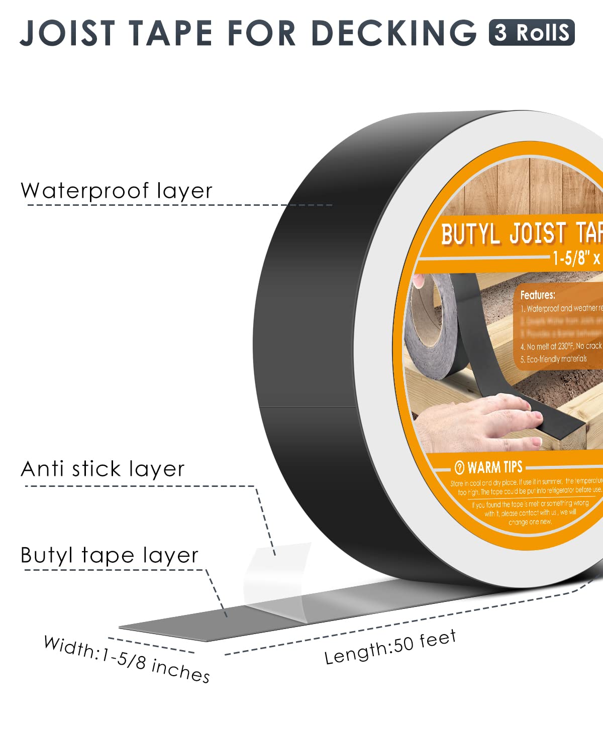 3 Pack PACETAP Deck Joist Tape for Decking, 1-5/8 x 50', 3 Rolls Waterproof Butyl Tape, Black