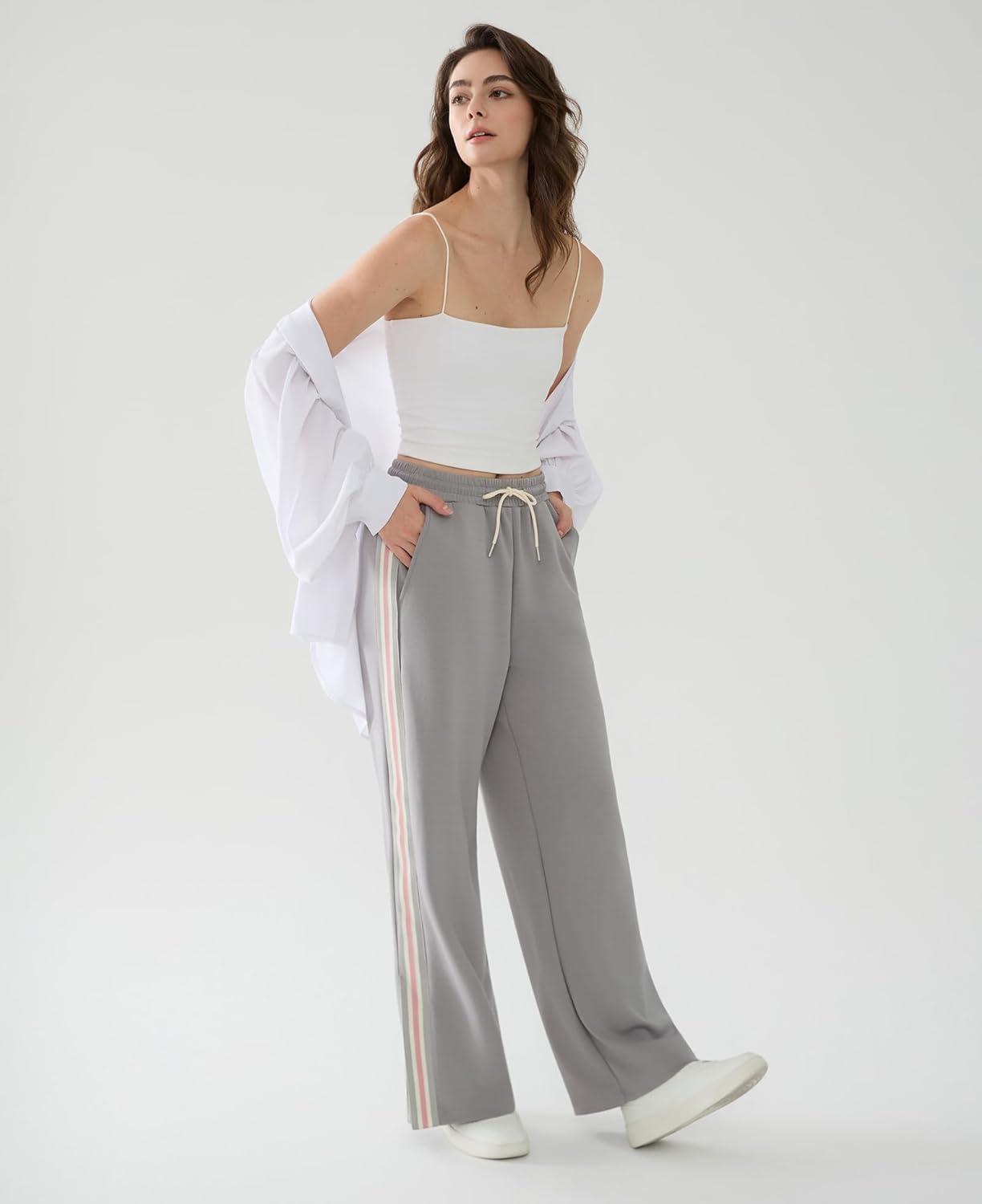 Susclude Womens Wide Leg Sweatpants Baggy Cotton Stretch Track Pants Lightweight Striped Casual Lounge Flatters Legs Pants