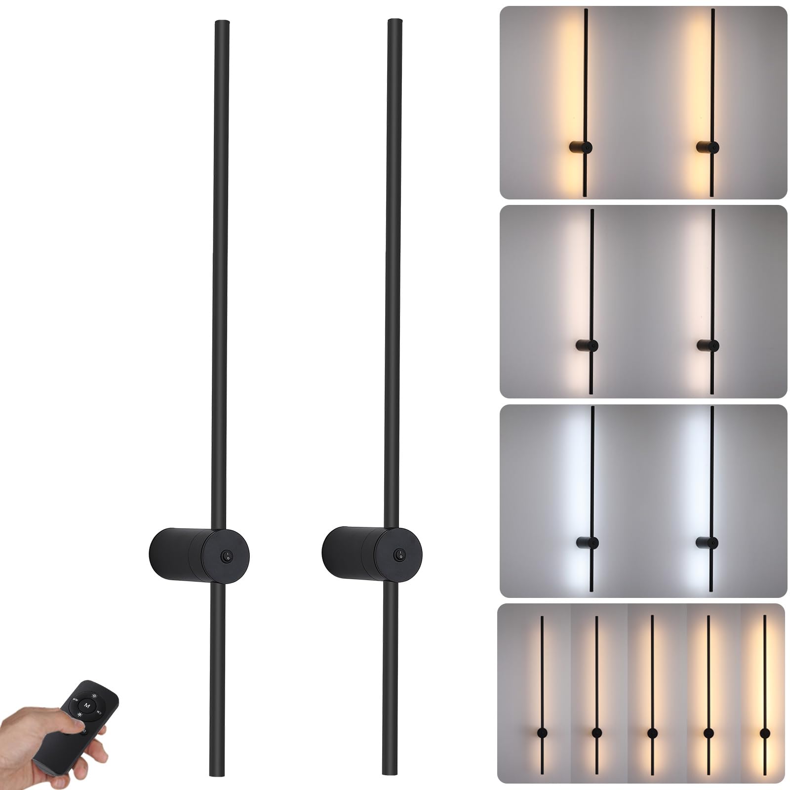 Photo 1 of [UNTESTED] [MAJOR DAMAGE] [USED] GLEAMACE Battery Operated Wall Sconces Set of 2, Rechargeable 6000mAh Wireless Lights with Remote, 360° Rotation Dimmable 3000K-6000K, No Wiring Indoor Lamps for Bedroom Hallway Stairs 40 Inch Black