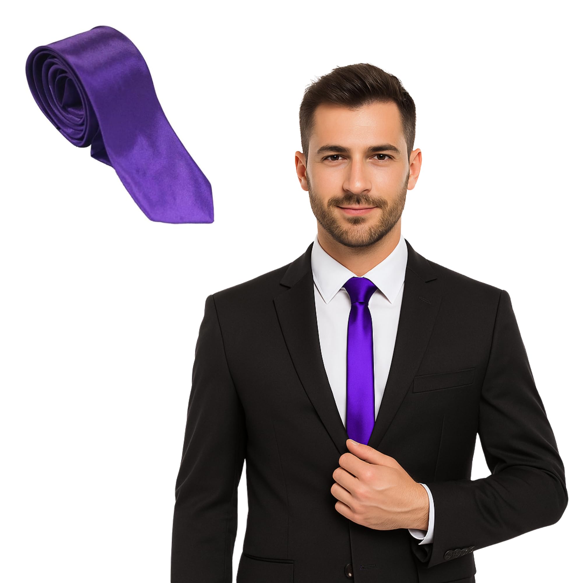 FNA FASHIONS® Mens Classic Slim Skinny Satin Tie Adult Wedding Fancy Party Solid Plain Necktie (Plain Purple, One Size)