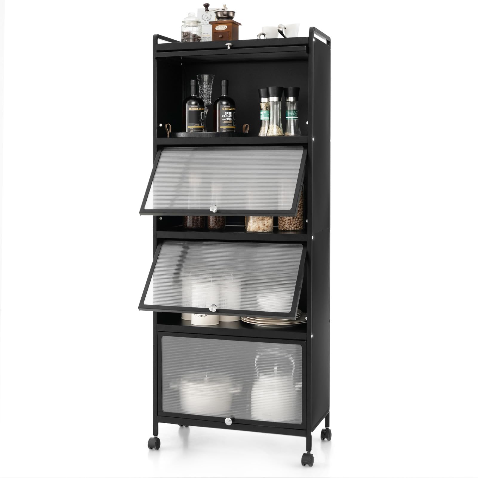 GIANTEX Armario de Cocina de Metal con 4 Compartimentos, 60 x 32 x 154 cm, 4 Puertas Abatibles de PC, Armario de Almacenamiento con 4 Ruedas con Kit Antivuelco, para Cocina, Comedor (Negro)