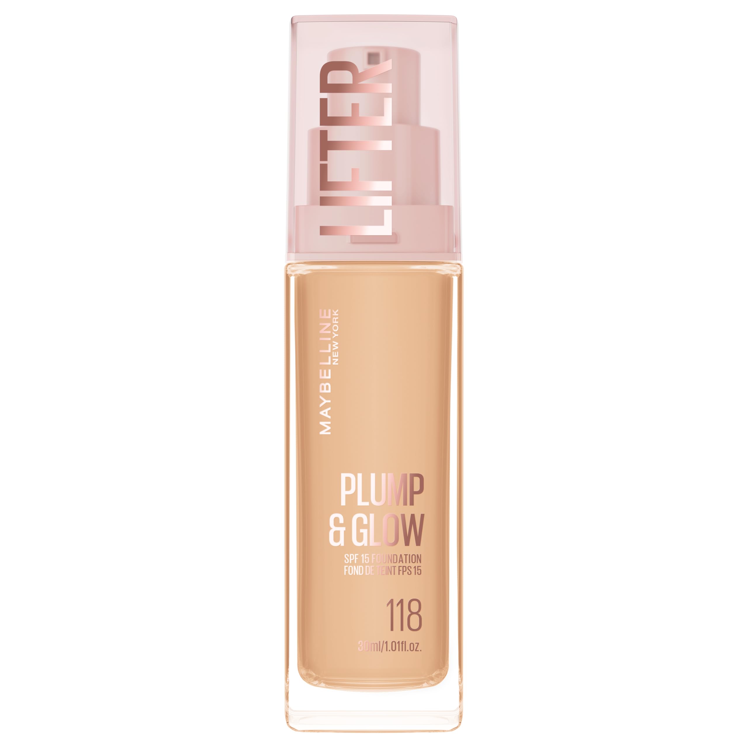 Maybelline New York Foundation with SPF20, Lifter Plump & Glow Foundation, All Day Wear, Buildable and Radiant Coverage, Plump and Brighter Skin Overtime, Shade: 118