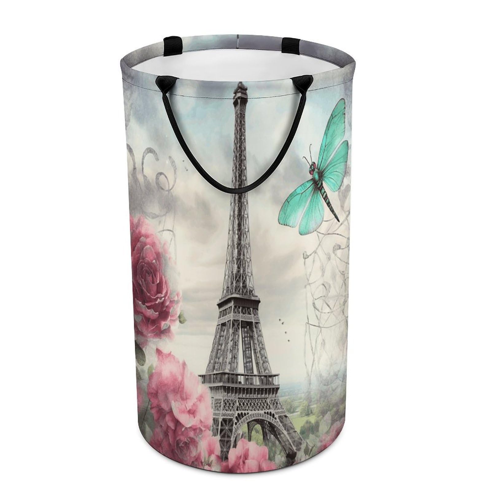 Dragonfly French Tower Laundry Hamper Waterproof Polyester Laundry Baskets Collapsible Dirty Clothes Storage Basket Clothes Hampers with Sturdy Handles for Travel Bedroom