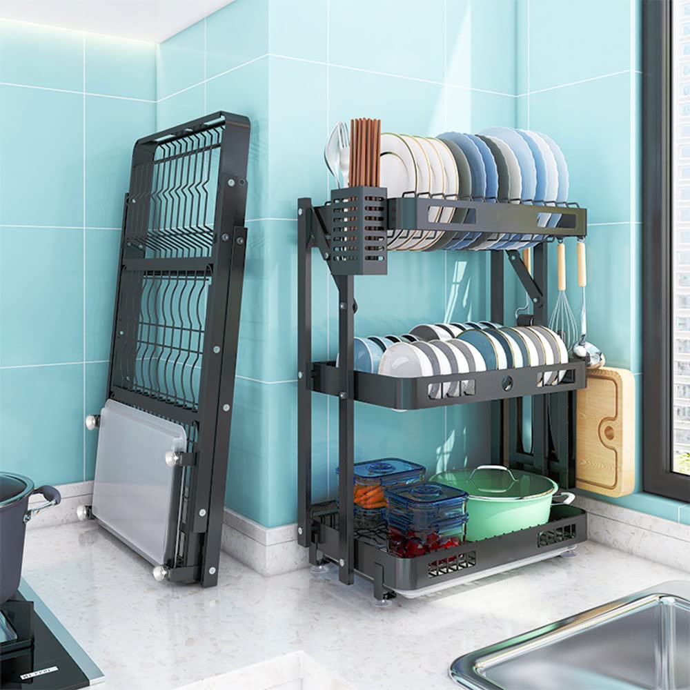 Foldable 3-Tier Dish Drying Stand Over Sink, Hanging Bowls Storage Dryer Stainless Steel Dishes Rack with Removable Draining Board, Kitchen Organizer Shelves with Chopsticks Cutting Board Holder