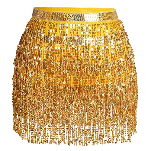Belly Dance Hip Scarf Sequin Tassel Skirt Performance Outfits Sparkly Fringe Wrap Halloween Costume Party Rave Festival Rave Skirt for Women and Girls Gold