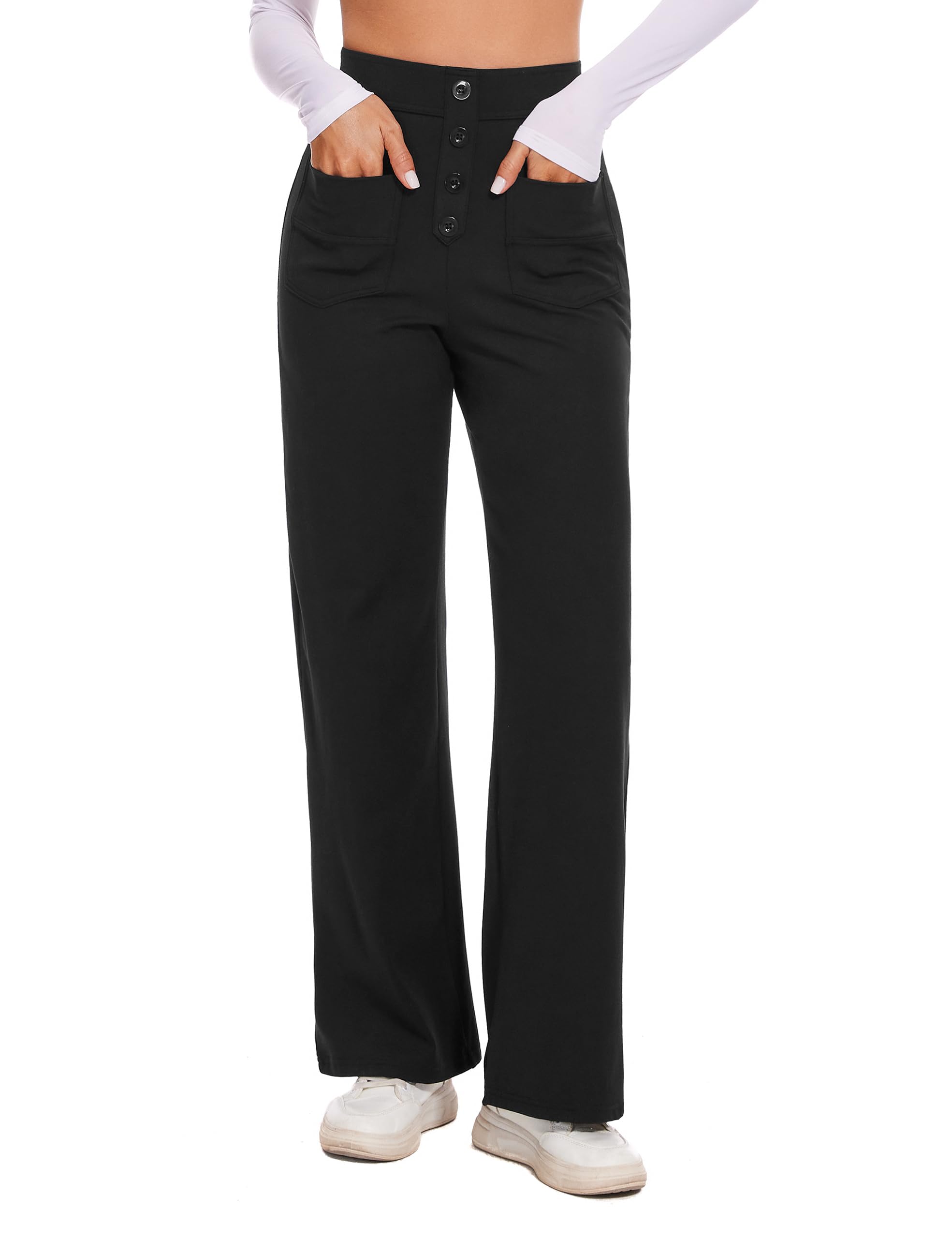 Desol Stoffhose Damen Weites Bein, Hoher Taille Business Hose Damen, Knopfleiste, Dehnbare Palazzo Hose mit Mehreren Taschen