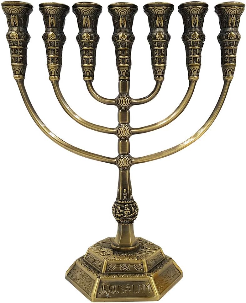 TALISMAN4U Jerusalem 7 Branch Temple Menorah 12 Tribes of Israel Antique Brass Candles Holder Height 11 Inch / 28 cm Large