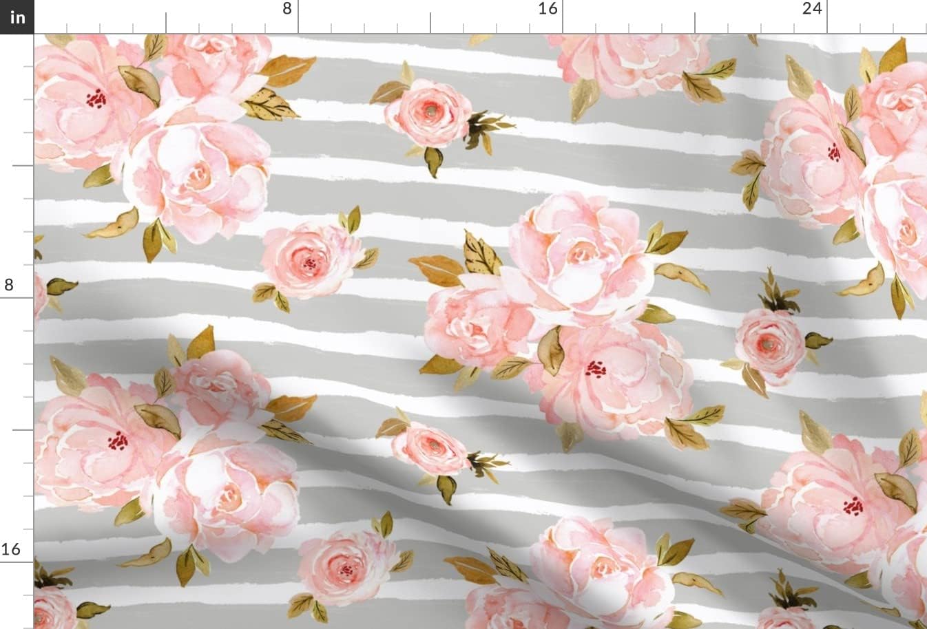Spoonflower Fabric - Blush Rose Gray Stripe Roses White Pink Striped Floral Flowers Printed on Upholstery Velvet Fabric Fat Quarter - Upholstery Home Decor Bottomweight Apparel