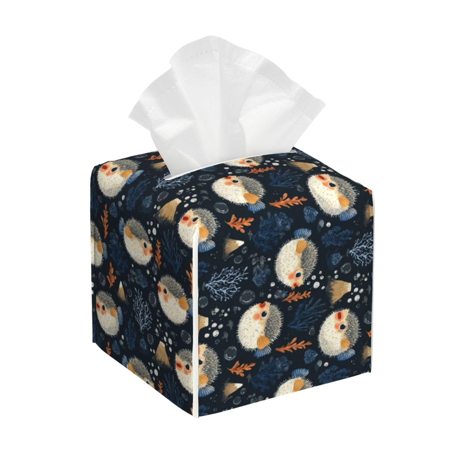 Cute Pufferfish A Print Tissue Box Cover Holder Square, Foldable Modern Cube Tissue Box Cover, Leather Decorative Organizer for Tabletop Bathroom Car Office Desk Decor