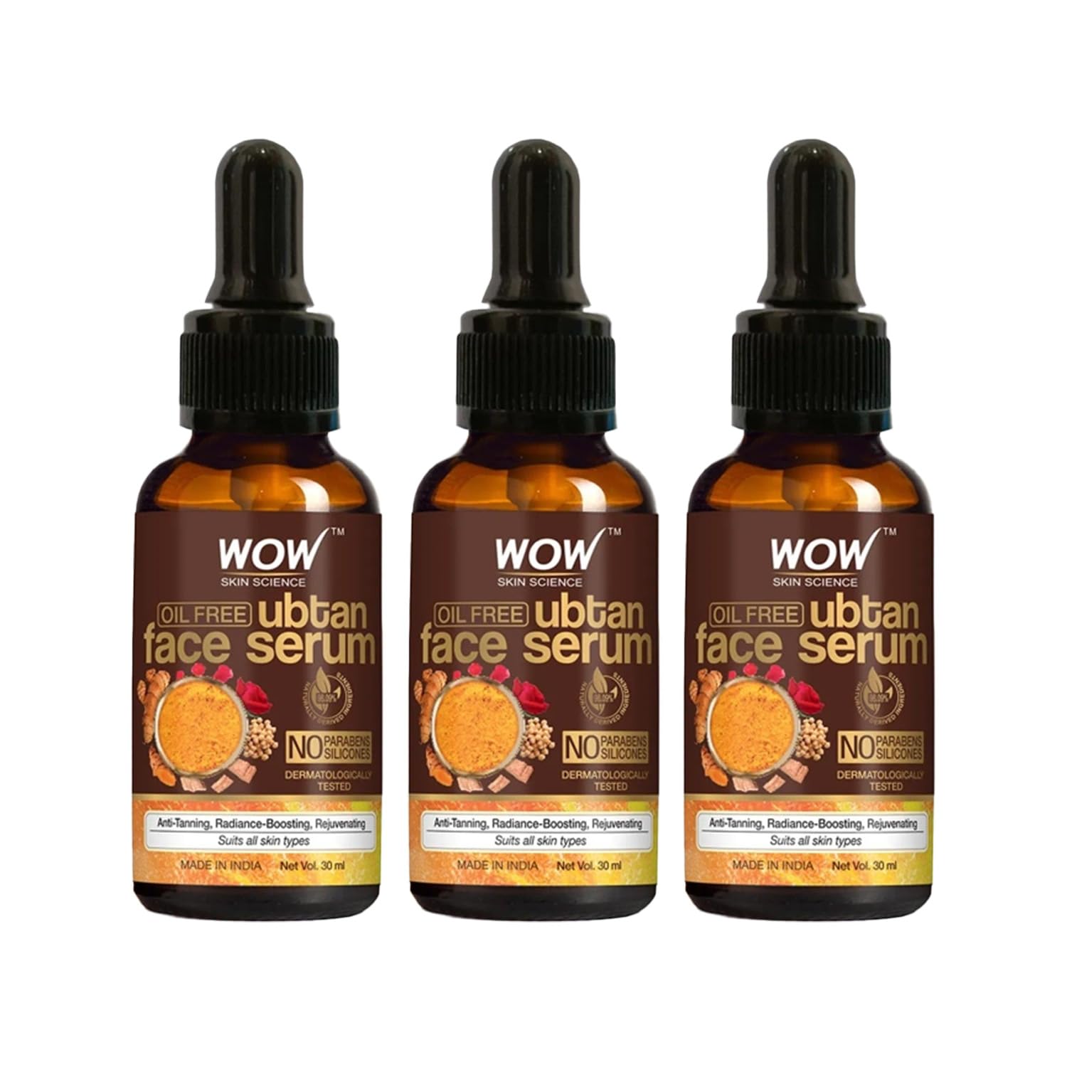 WOW Skin Science Ubtan Face Serum | Oil Free | For Tan, Radiance Boosting & Rejuvenating Skin | Smoothen Skin Tone | Paraben Free | Face Serum for Women & Men | 30 ml | Pack of 3