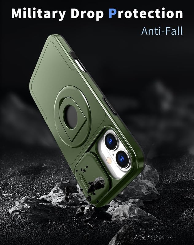 Image of LuxuryKase MagSafe Shockproof Rugged Back Case for iPhone 17 | Finger Ring Kickstand & Sliding Camera Cover | Military Drop Protection | Wireless Charging Support - Green