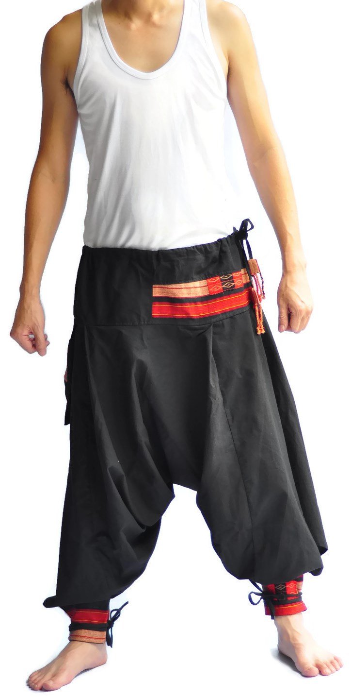 Men's Pants One Size All Black Hill Tribe Design Unique on Waist and Ankle