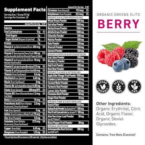 Image of Kaged Organic Greens Elite, Superfood and Greens Powder with Apple Cider Vinegar, Adaptogen, Prebiotics, Vitamins & Minerals, Berry, 30 Servings