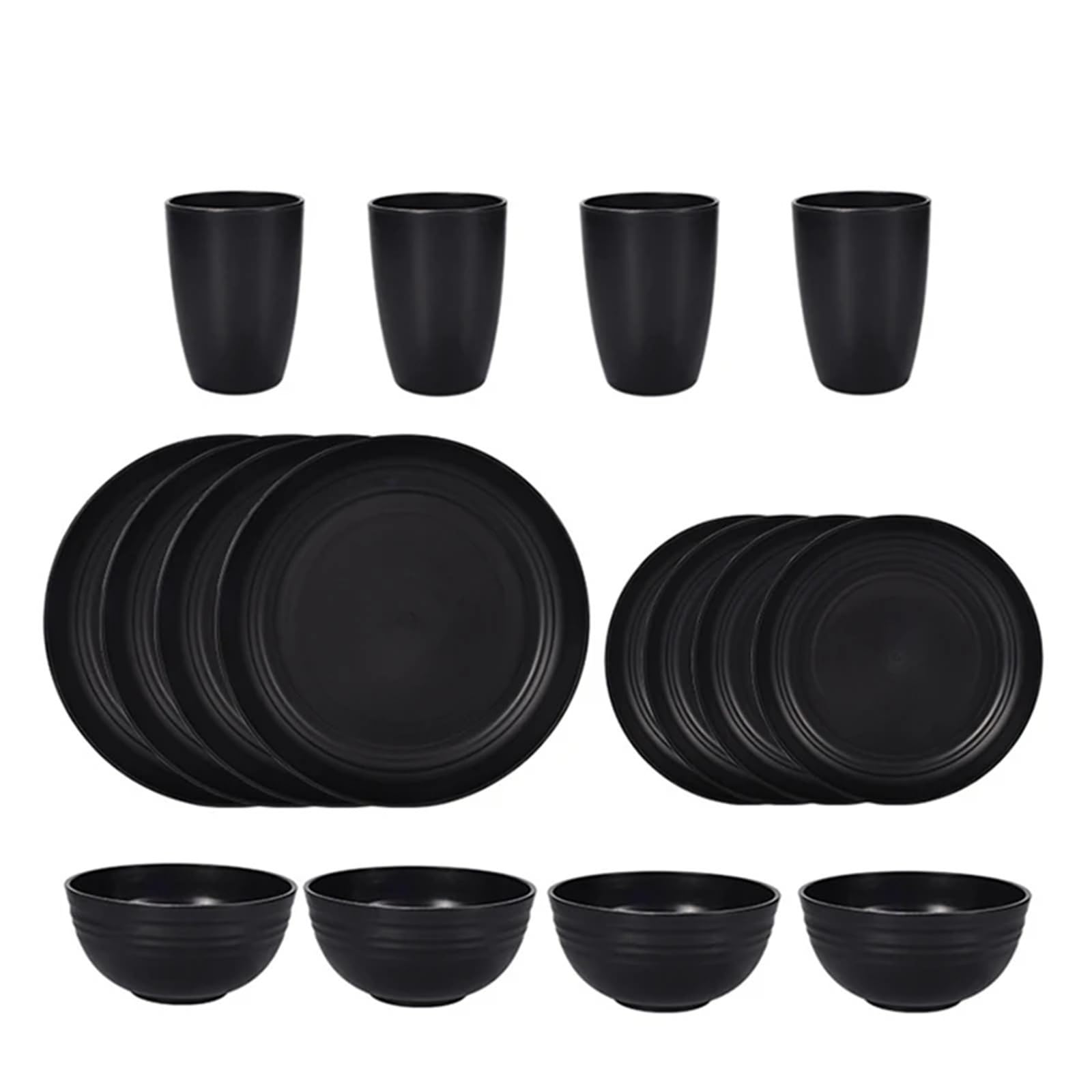 Juego de cubiertos de polipropileno negro de 8 piezas/16 piezas con plato, tazón, vajilla de fiesta de camping al aire libre (16 piezas)