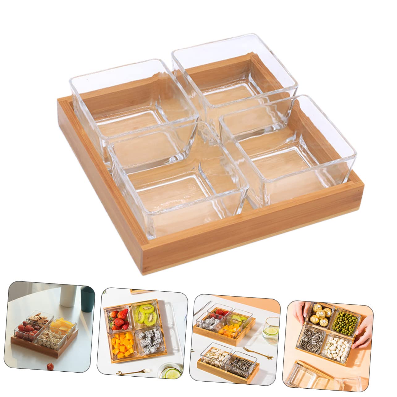 Abaodam Plateau En Verre à 4 Compartiments Transparent Support En Bois, Assiette De Fruits Secs Et Noix, Service Apéritif Pour Maison, Bar, Restaurant, Ensemble De Service Sans Couvercle