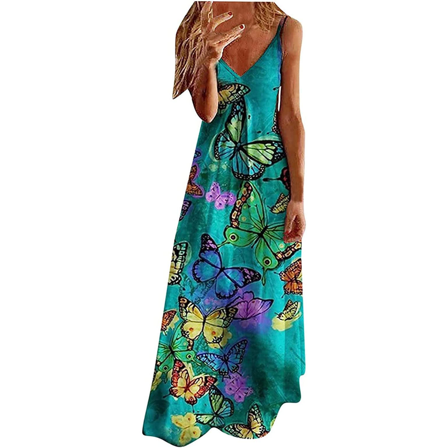 Tirantes de Pasta para Mujeres Flores Vestidos Largos de Verano Vestidos de Vacaciones Sexy de Cuello V Vestidos de Moda de Playa Tirantes Vestidos de Sol, WFFUO, d, m