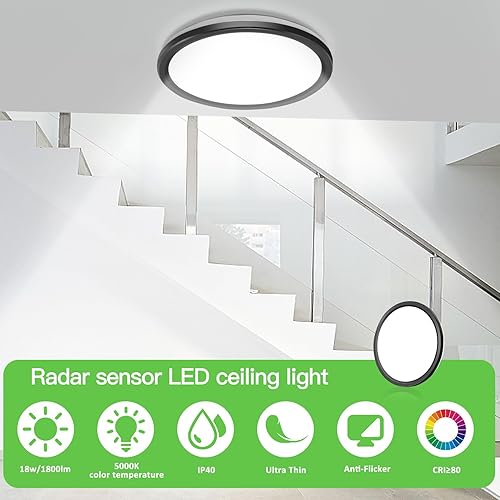 Miniatura 6 de Nevfiro Lámpara de techo LED con sensor de movimiento, luz de techo empotrada de 18 W, 5000 K, 1800 lm, luz de techo activada por movimiento, para