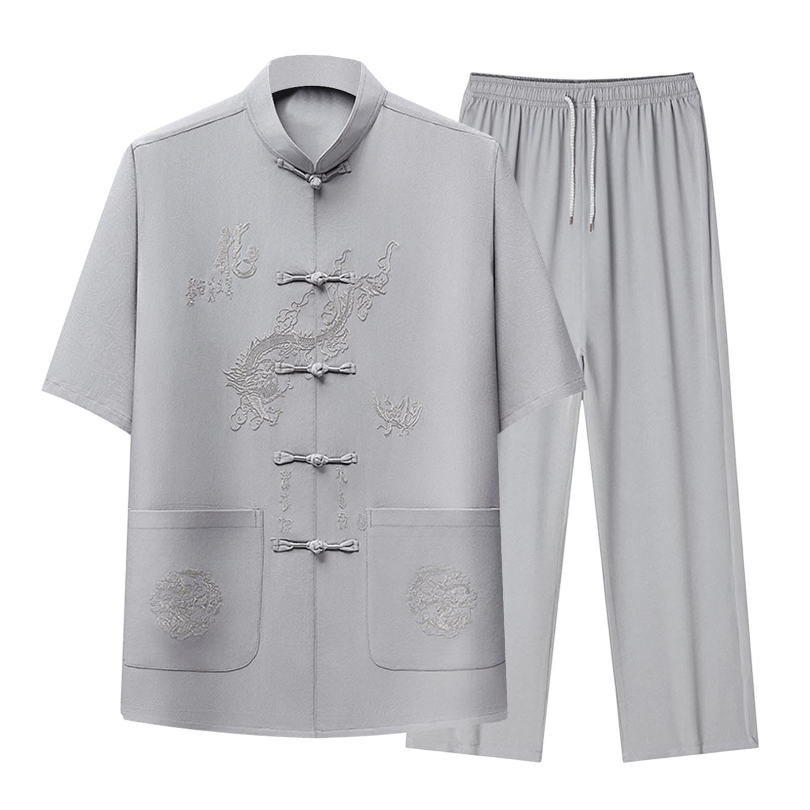 Cambkatl Men's Dragon Embroidered Tang Suit Chinese Traditional Mandarin Collar Kung Fu Shirts Short Sleeve Tai Chi Outfits