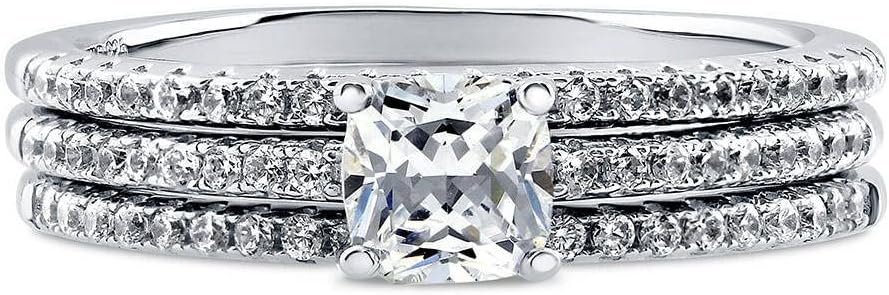 BERRICLE Sterling Silver Cushion Cut CZ Solitaire Wedding Engagement Promise Rings for Her, 0.6 Carat Cubic Zirconia Ring for Women, Stackable Band 1-3 Piece Set