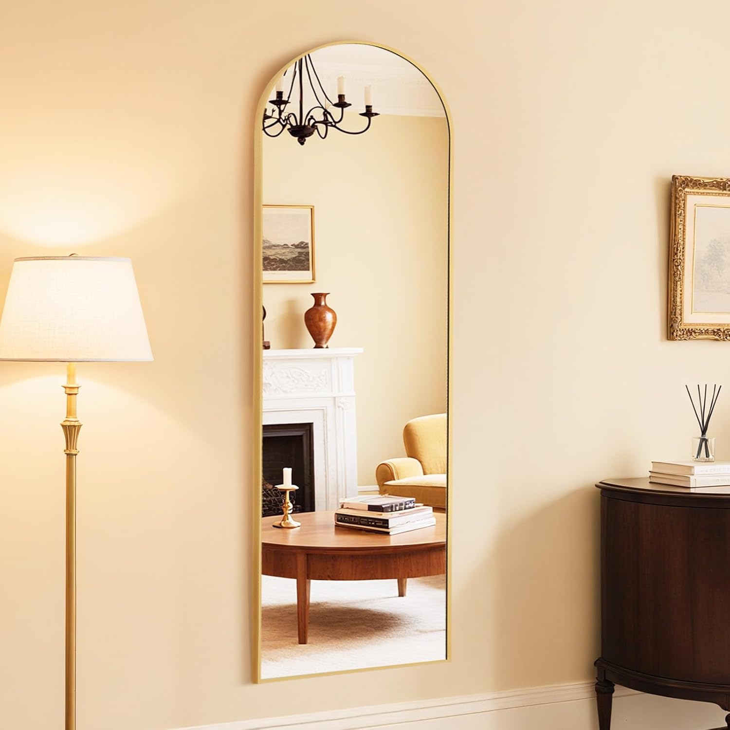 DUMOS Arched Wall-Mounted Full Length Mirror 60"x16" for Bedroom, Full Body Floor Mirror with Stand, Hanging or Leaning for Wall, Gold
