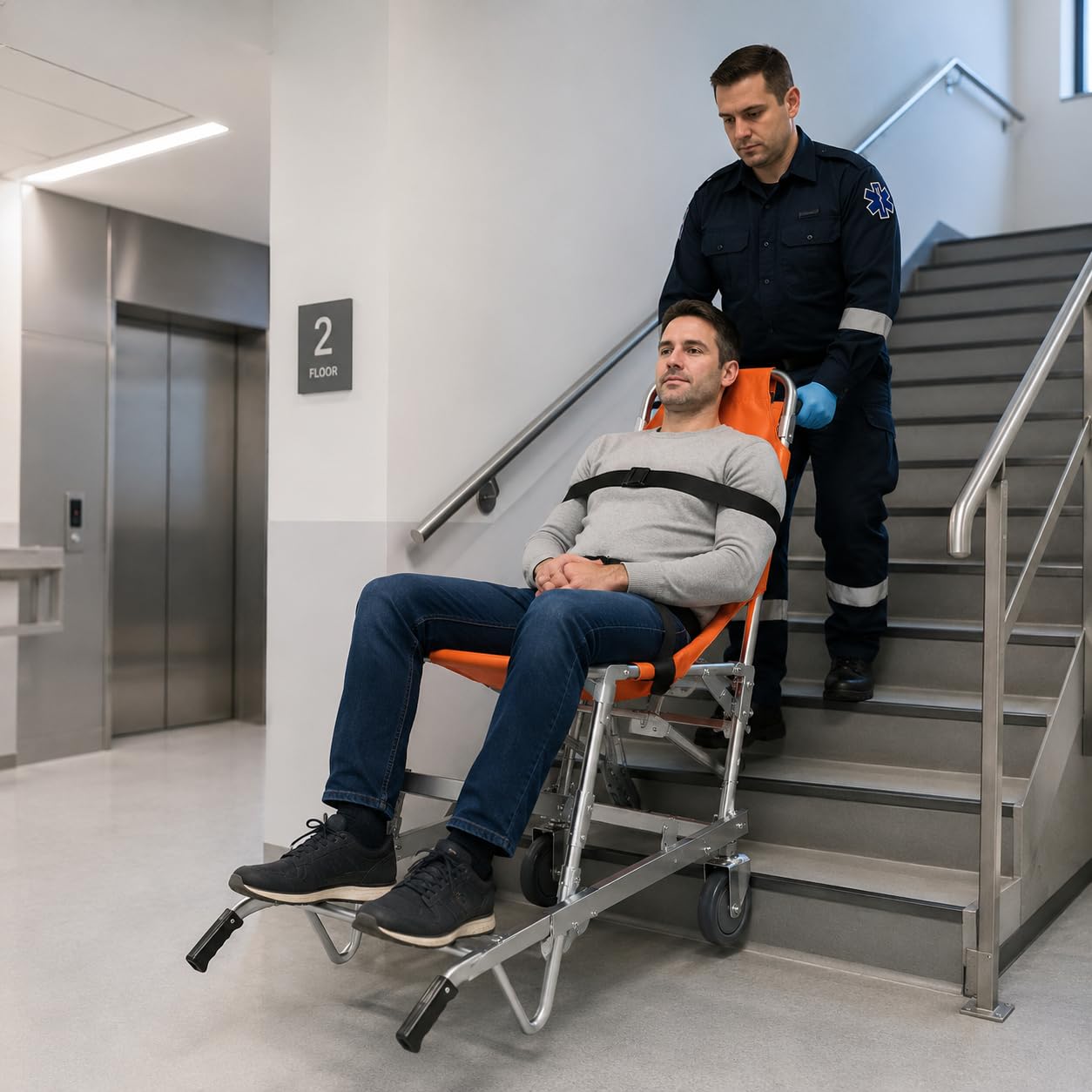 Składane krzesło ewakuacyjne na schody, lekkie krzesło ze stopu aluminium z klamrami szybkiego zwalniania, pomarańczowe