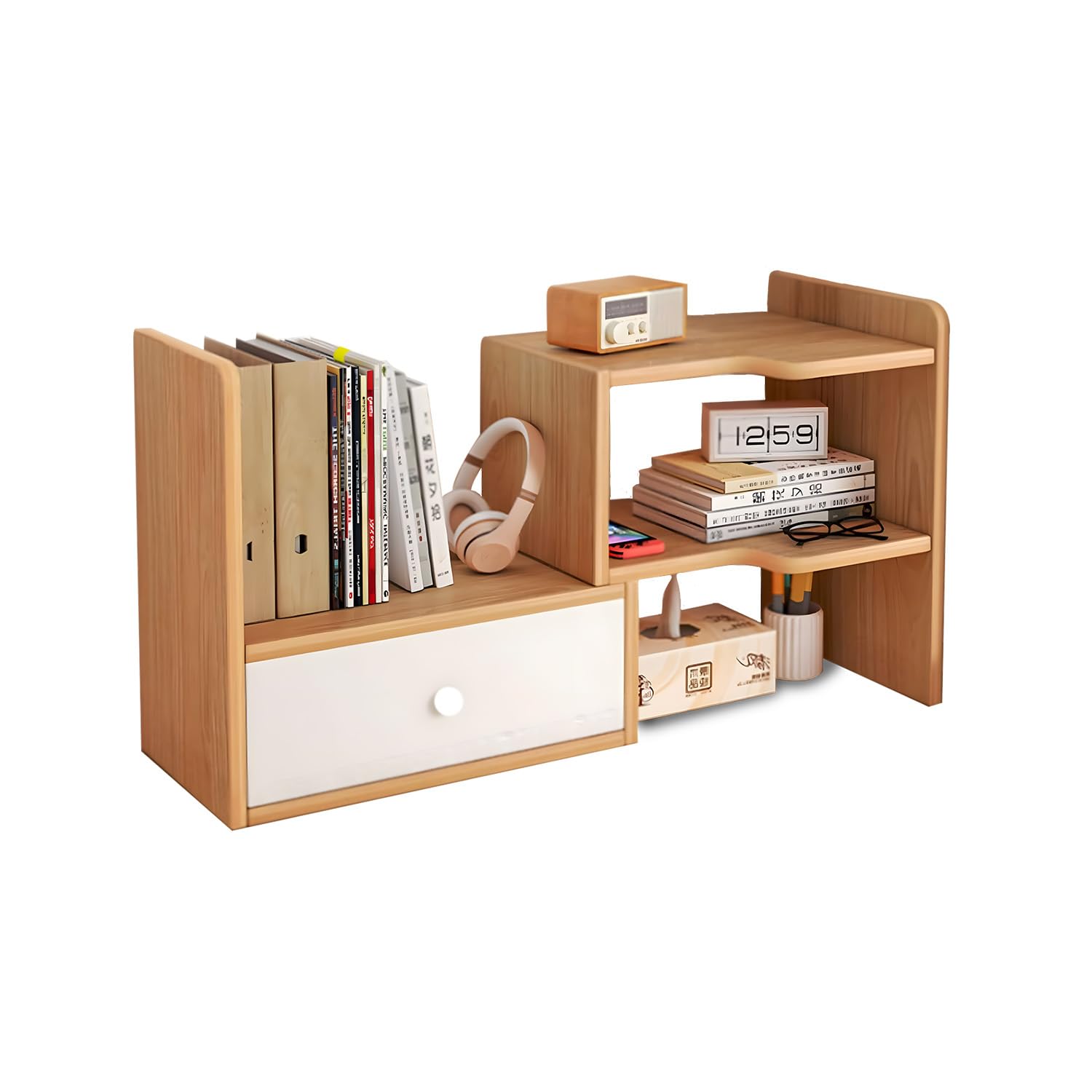 Wintem - Organizer Porta Libri da Scrivania Salvaspazio in Legno con 5 Scomparti e 1 Cassetto Estensibile, Libreria da Scrivania, Design Modulabile Facile da Montare e Resistente