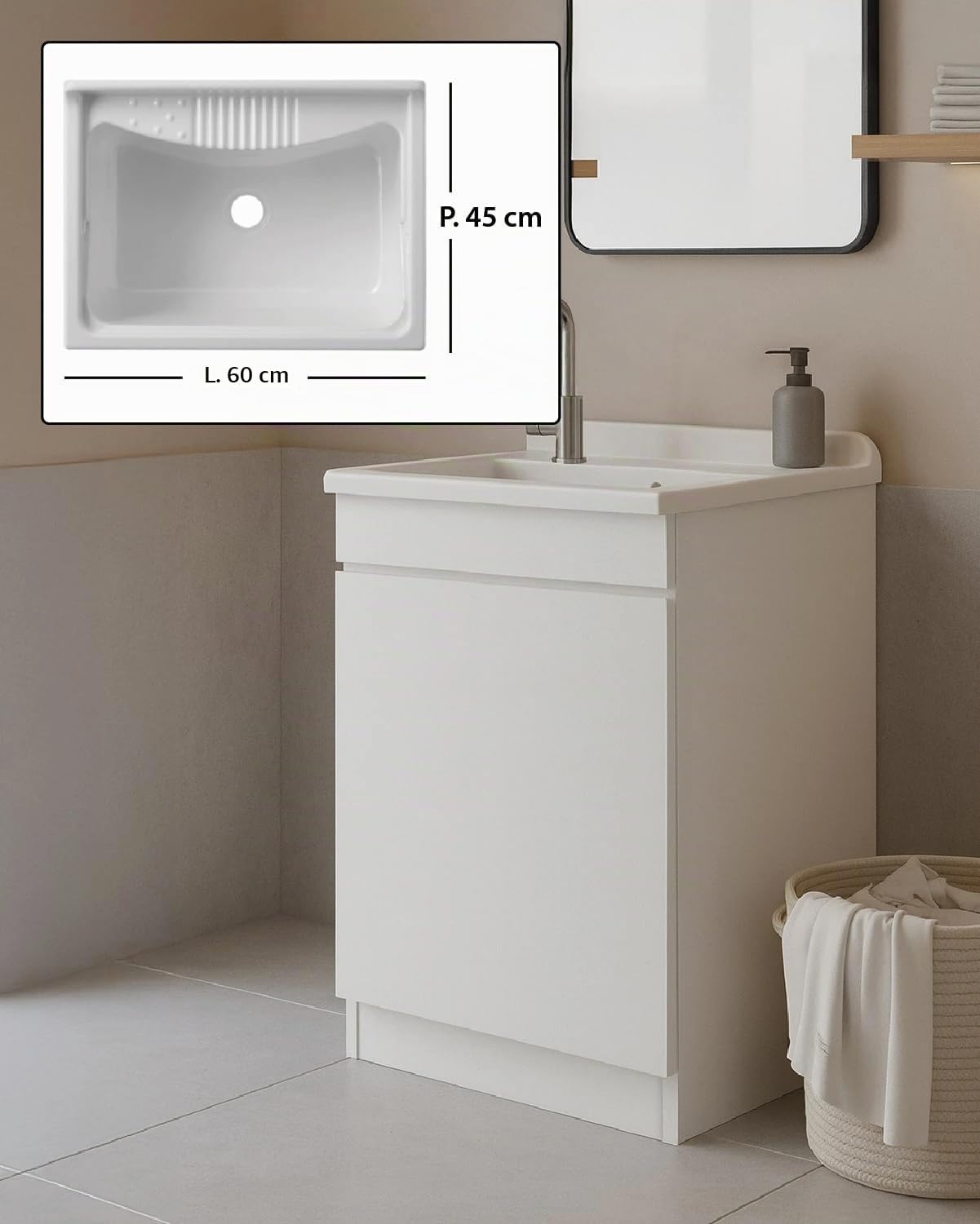 Delmar Mobile Lavatoio in Legno Nobilitato, Bianco, 60x45 cm Altezza 85 cm, Con Sportello Push e Lavabo Pila Pilozzo in Resina, Made in Italy, Già Montato per Bagno e Lavanderia