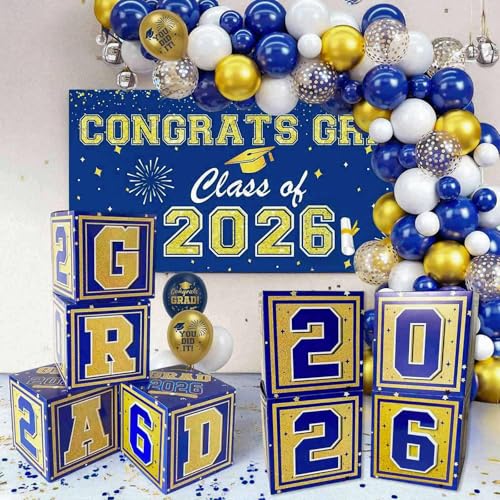 Graduation Decorations 2026 Navy Blue and Gold Balloon Boxes Class of 2026 GRAD Letters Balloon Garland Kit Congrats Grad Banner Photo Backdrop for High School & College Party Supplies