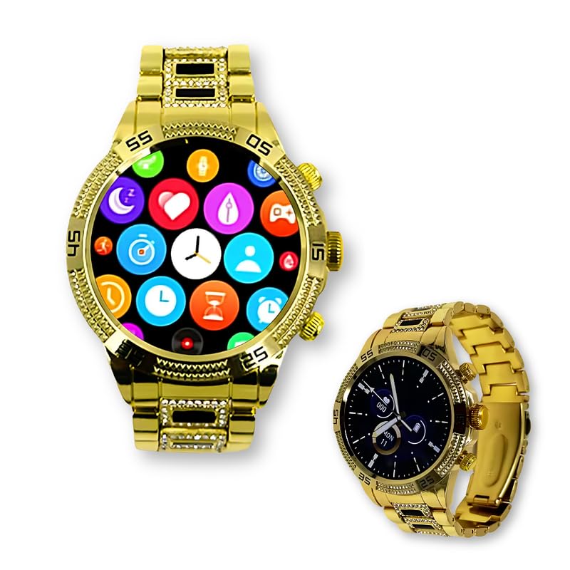 Drumstone 𝟏𝟓 𝐘𝐞𝐚𝐫𝐬 𝐆𝐮𝐚𝐫𝐚𝐧𝐭𝐞𝐞 Luxury Round Smartwatch Gen 15 with 1.55″ AMOLED Display, Bluetooth Calling, Fitness Tracker, Music Control, Gold Strap, Stylish Watch for Men & Women Drumstone 𝟏𝟓 𝐘𝐞𝐚𝐫𝐬 𝐆𝐮𝐚𝐫𝐚𝐧𝐭𝐞𝐞 Luxury Round Smartwatch Gen 15 with 1.55″ AMOLED Display, Bluetooth Calling, Fitness Tracker, Music Control, Gold Strap, Stylish Watch for Men & Women