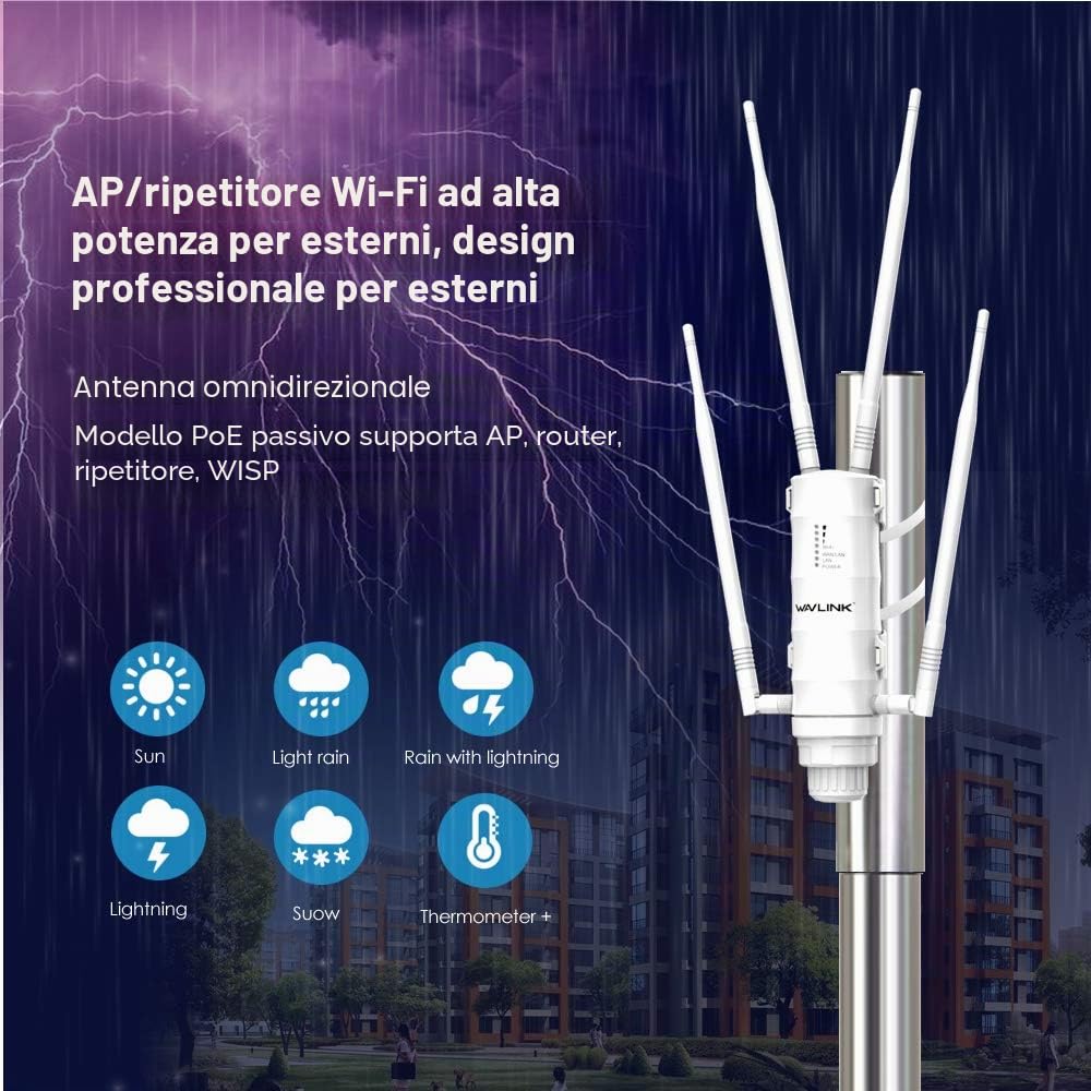 WAVLINK AC1200 Punto di accesso wireless a lungo raggio per esterni, resistente alle intemperie, doppia banda 2,4 + 5 G 1200 Mbps Wi-Fi AP/ripetitore Wi-Fi/Easymesh 3 in 1 con porta Gigabit PoE