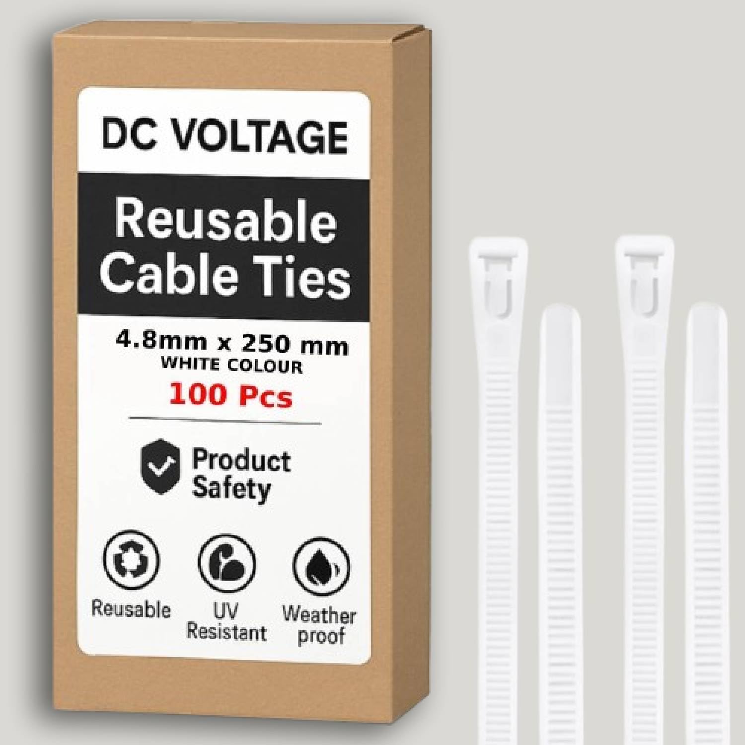 Dc Voltage 4.8 X 250Mm White 100 Pcs Reusable White Cable Ties, 250Mm X 4.8Mm, 10" Plastic Tie Wraps Heavyduty Releasable Strong Nylon Zip Ties For Home Office Garage And Workshop (4.8 X 250 Mm -White)