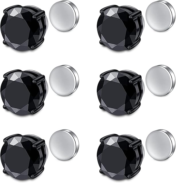 Crdifu 3 Pairs Magnetic Stud Earrings Stainless Steel Non Piercing Earring CZ Zirconia for Women Men Silver Black