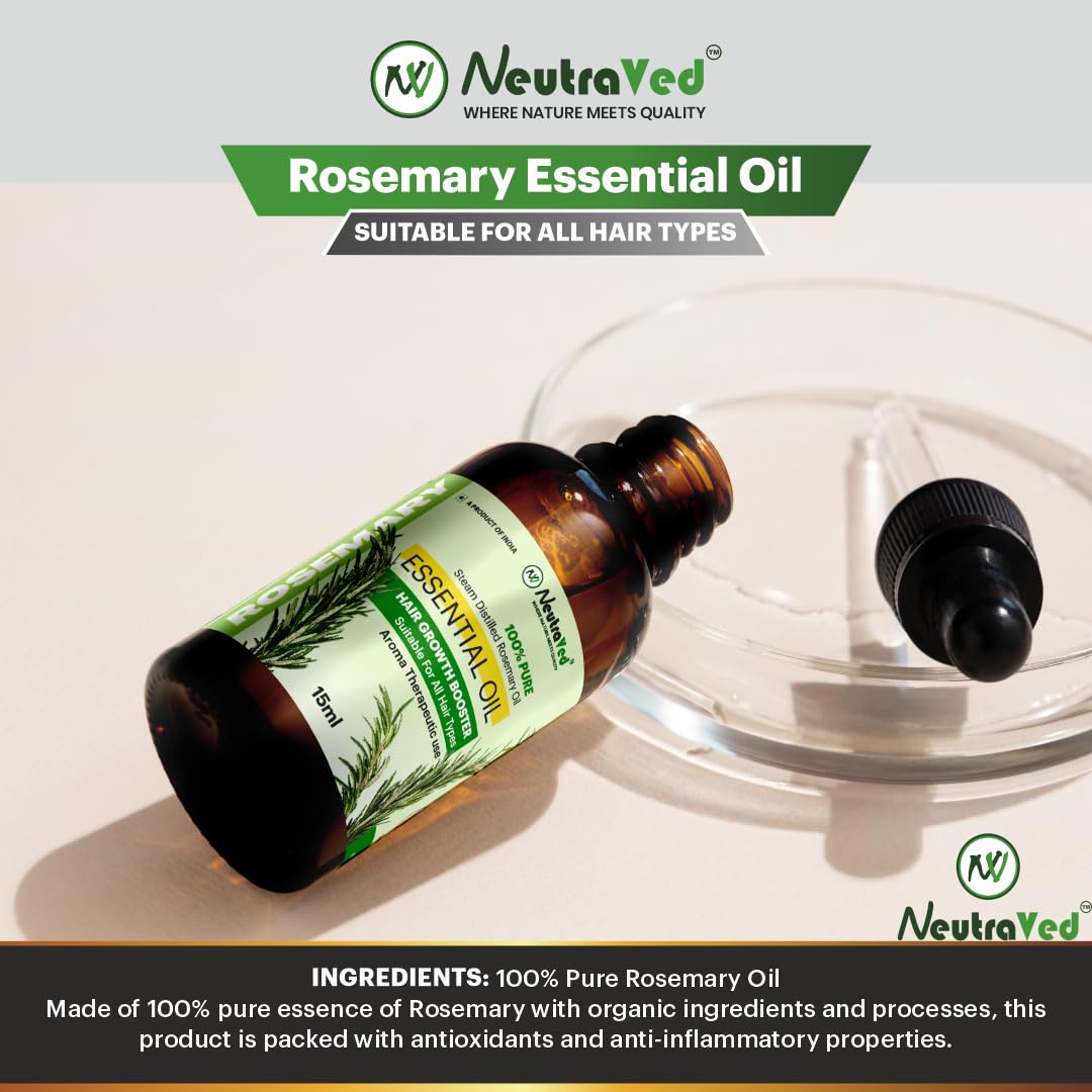 NeutraVed Rosemary Combo Pack - 15ml Rosemary Essential Oil + 100g Rosemery Leaves + Spray Bottle + Wooden Neem Comb + Comb Applicator | Hair Nourishment & Scalp Care Kit | 100% Pure & Natural - Image 3 thumbnail