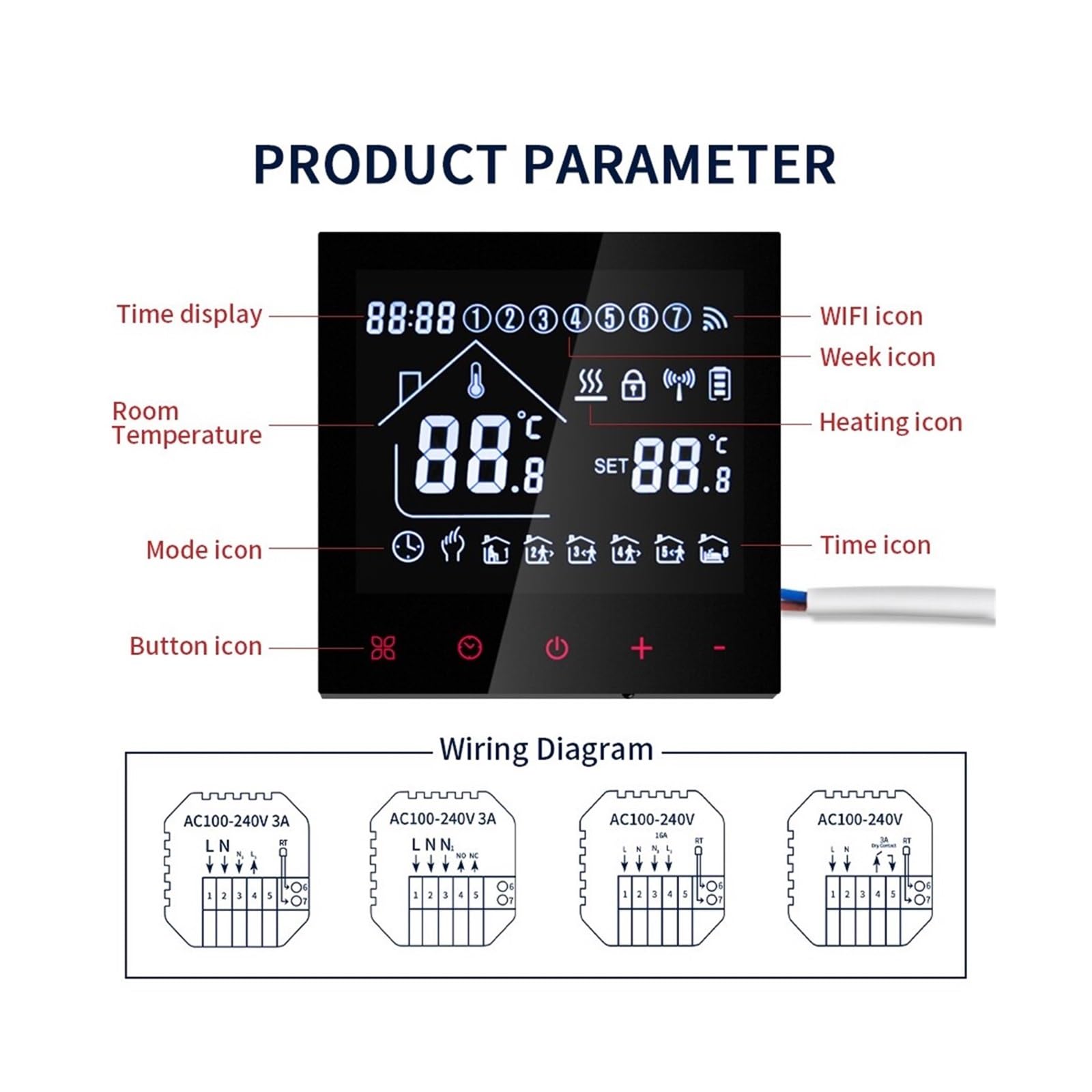 Termostato Intelligente, Termostato Touchscreen LCD, di Riscaldamento a Pavimento Elettrico programmabile, regolatore di Temperatura for la casa(Water Floor 3A)