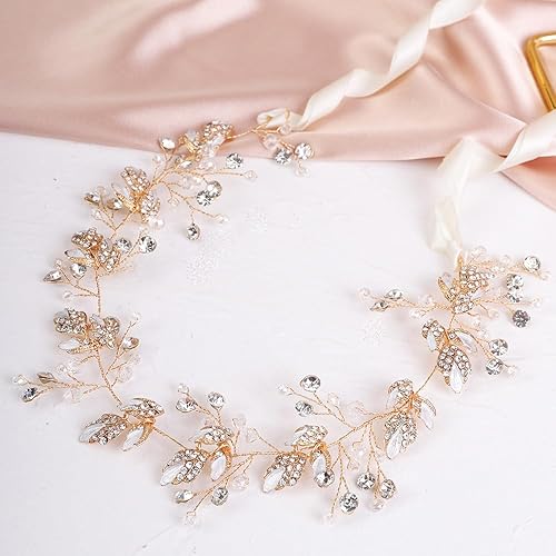Miniatura 4 de BERYUAN Boda de hoja de oro de cristal de vid de diamantes de imitación postizo dorado novia hecho a mano accesorio para el cabello de cuentas de