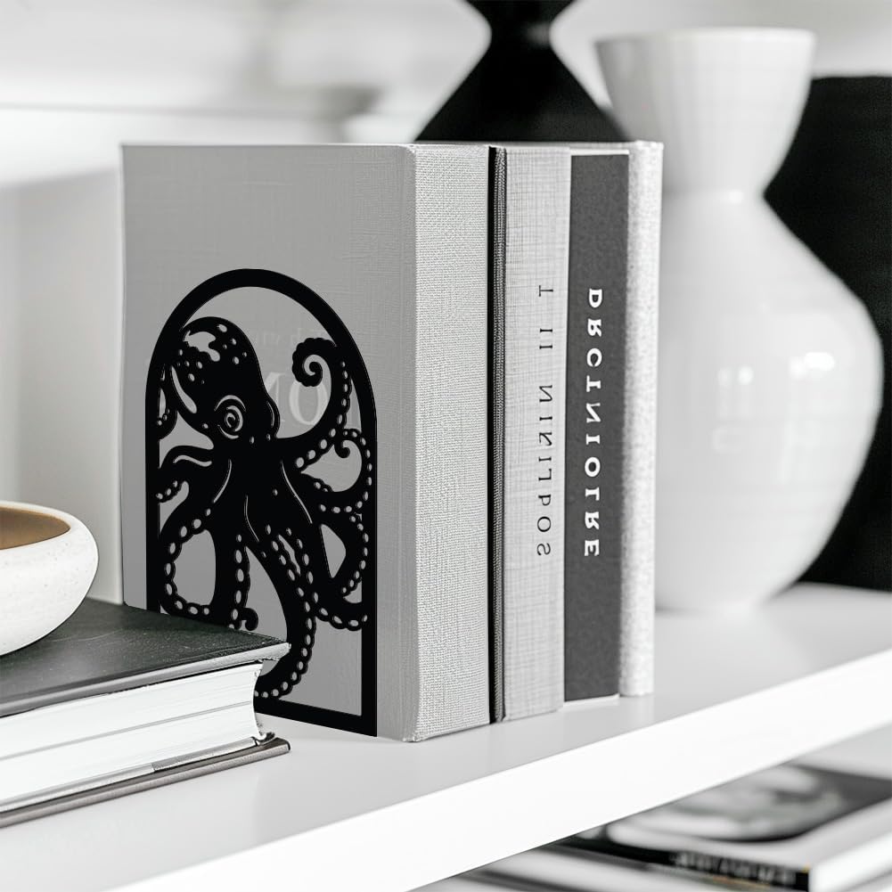 Peacoblue Metal Bookends for Shelves, Modern Decorative Heavy Duty Study Book Support Stoppers for Office, Desk, Shelf, Room 5.3"x4.3"x7.9" Cast Iron Simple Tall Bookends, 1 Pair (Octopus)