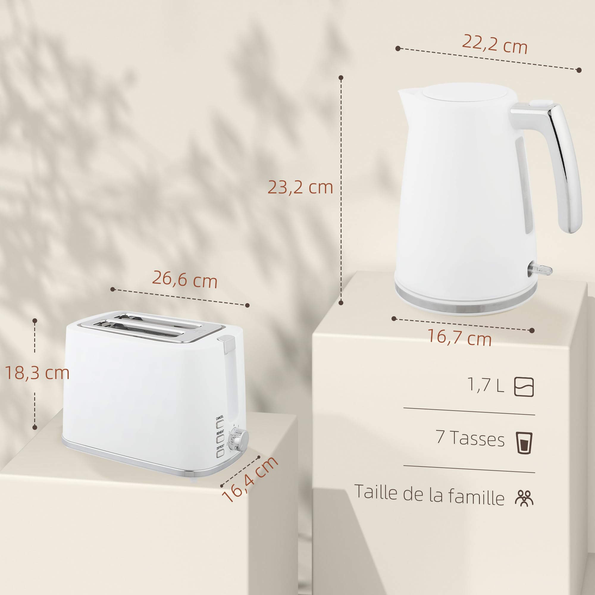 HOMCOM Bouilloire et Grille-Pain Acier 2200 W 1,7 L Thermostat Otter Filtre anticalcaire 2 tranches 7 Niveaux brunissage Blanc