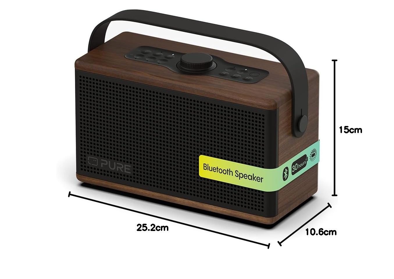 Pure Classic Aura Enceinte Bluetooth Portable 40W avec Batterie 10000mAh, Fonction Powerbank, lumière d’Ambiance, 30h autonomie, USB-C, entrée AUX, étanche IPX2 – Marron Café/Noyer