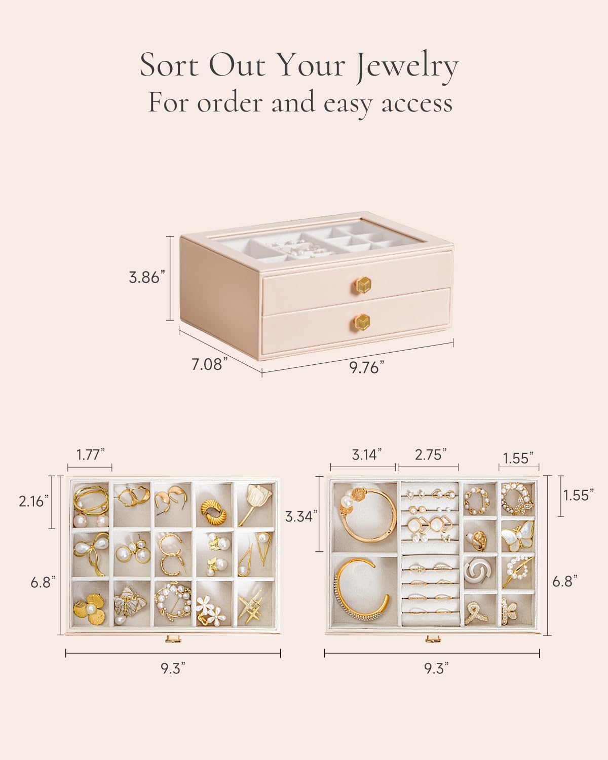 CASEGRACE Jewelry Box for Women with Glass Lid - Leather Jewelry Storage Organizer 2 Drawers for Necklaces, Rings, Earrings & Bracelets, Ideal Gift (Pink, 2 Layer)