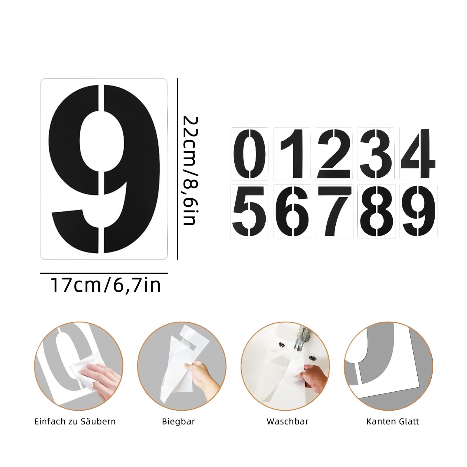 DecorDwell Zahlen-Schablonen Set – 10 Stück (0-9), 30 Cm Groß, Wiederverwendbare PET-Schablonen Für Hausnummern, Garagen & DIY-Projekte