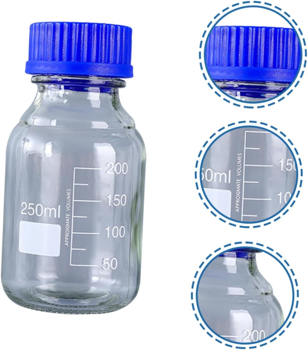 Cabilock 3pcs Glass Reagent Bottles with Blue Screw Caps Chemical Sample Sealing Containers Wear Resistant Medicine Storage for Lab Liquids and Essential Oils